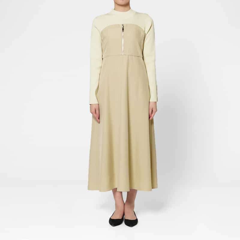 BARNEYS NEW YORK ウォッシャブル 異素材コンビネーション ドローストリングドレス BEIGE