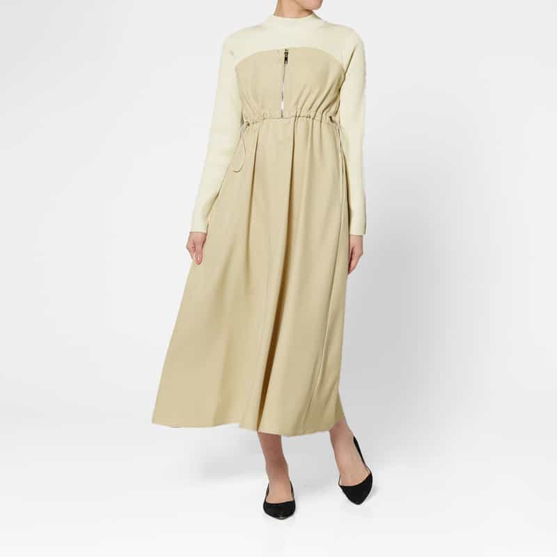 BARNEYS NEW YORK ウォッシャブル 異素材コンビネーション ドローストリングドレス BEIGE