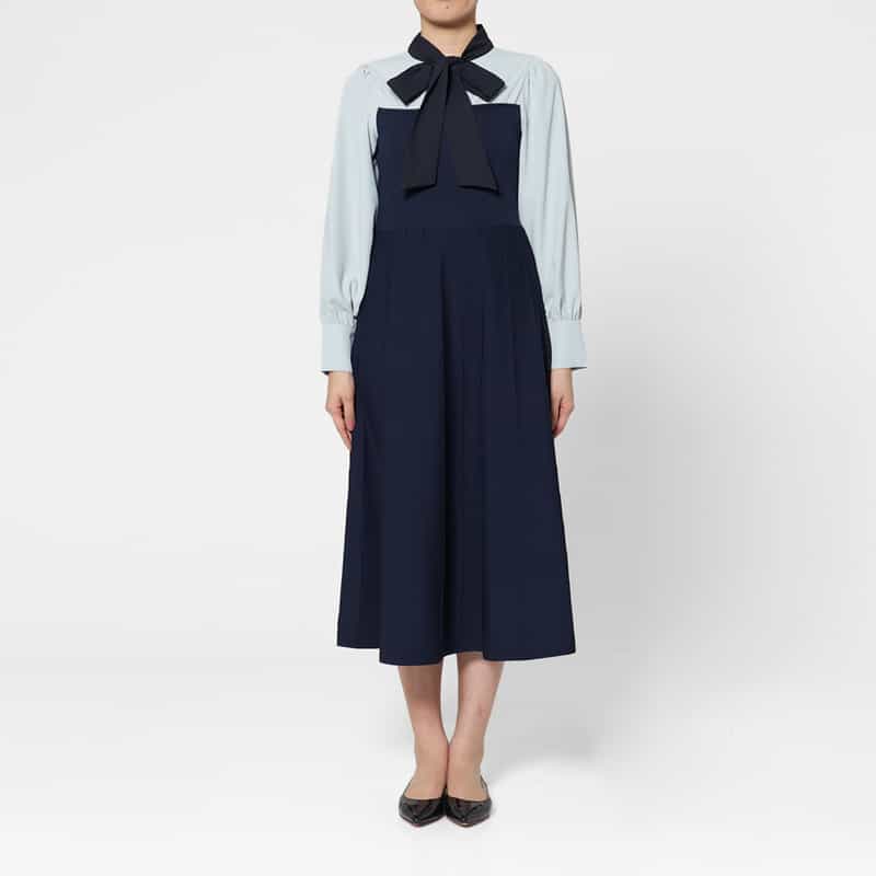 BARNEYS NEW YORK ウォッシャブル ボウタイデザイン 切替ニットドレス NAVY