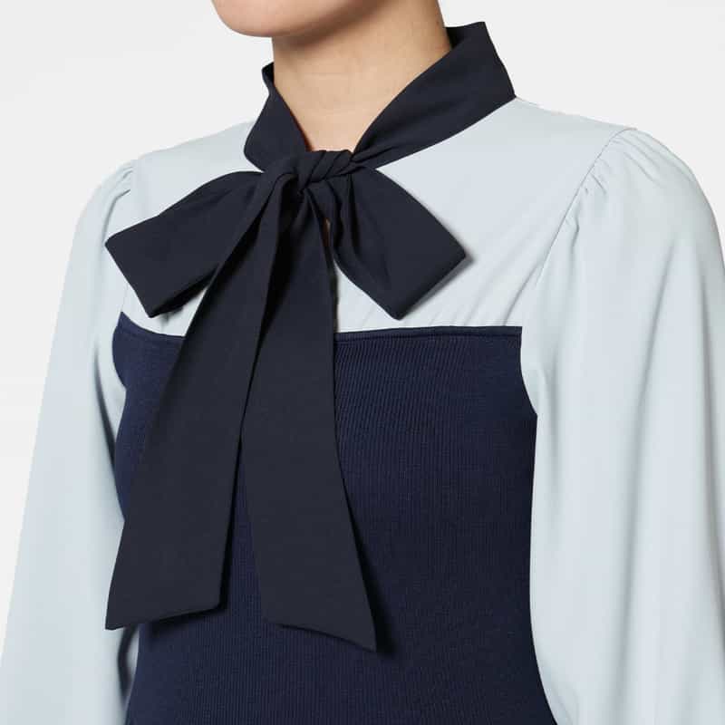 BARNEYS NEW YORK ウォッシャブル ボウタイデザイン 切替ニットドレス NAVY