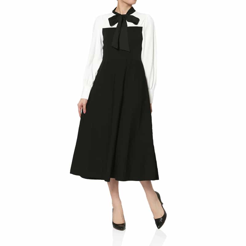 ウォッシャブル ボウタイデザイン 切替ニットドレス