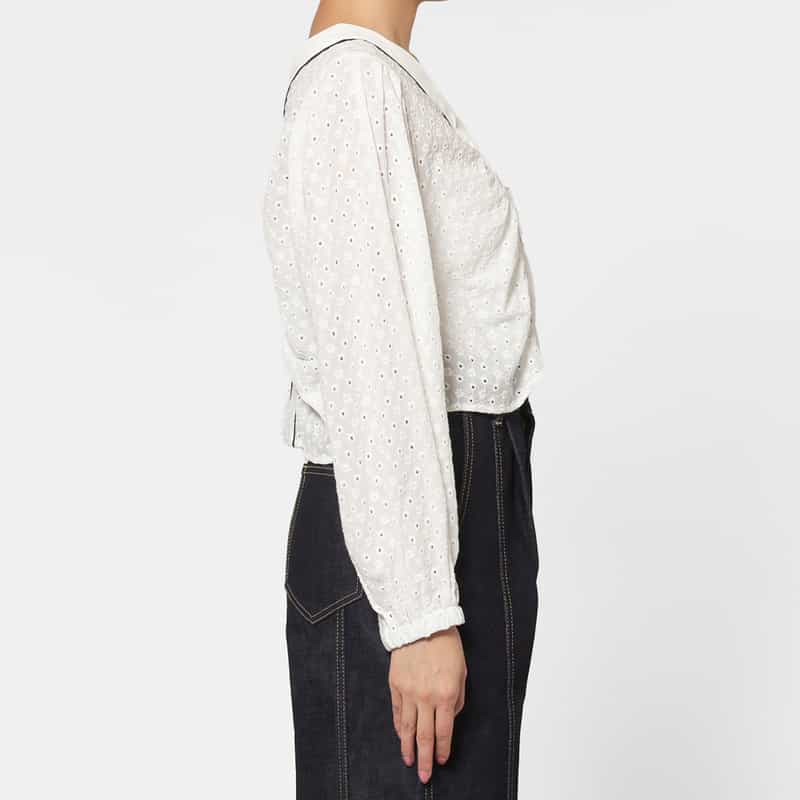 BARNEYS NEW YORK ウォッシャブル カットワークデザイン Vネックブラウス WHITE