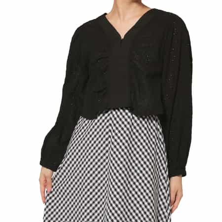 ウォッシャブル カットワークデザイン Vネックブラウス