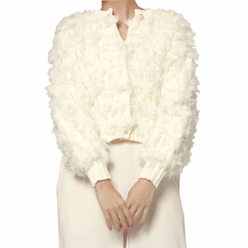 BARNEYS NEW YORK ファンシーヤーン パールボタンニットカーディガン IVORY