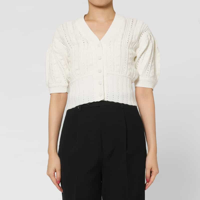 BARNEYS NEW YORK ウォッシャブル クロシェット編みニットボレロカーディガン WHITE