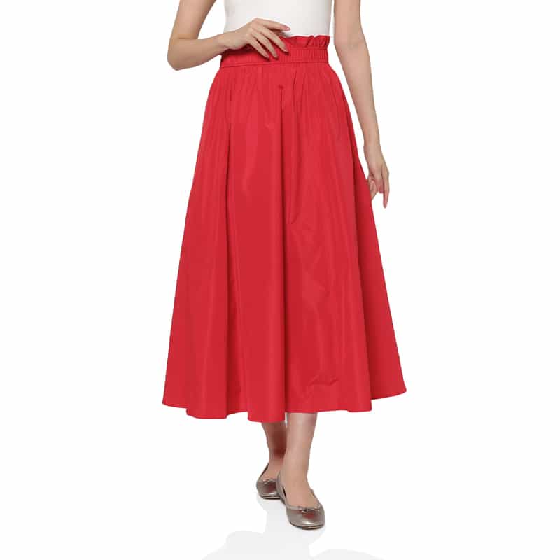 BARNEYS NEW YORK Wギャザー タフタ素材ロングフレアスカート RED