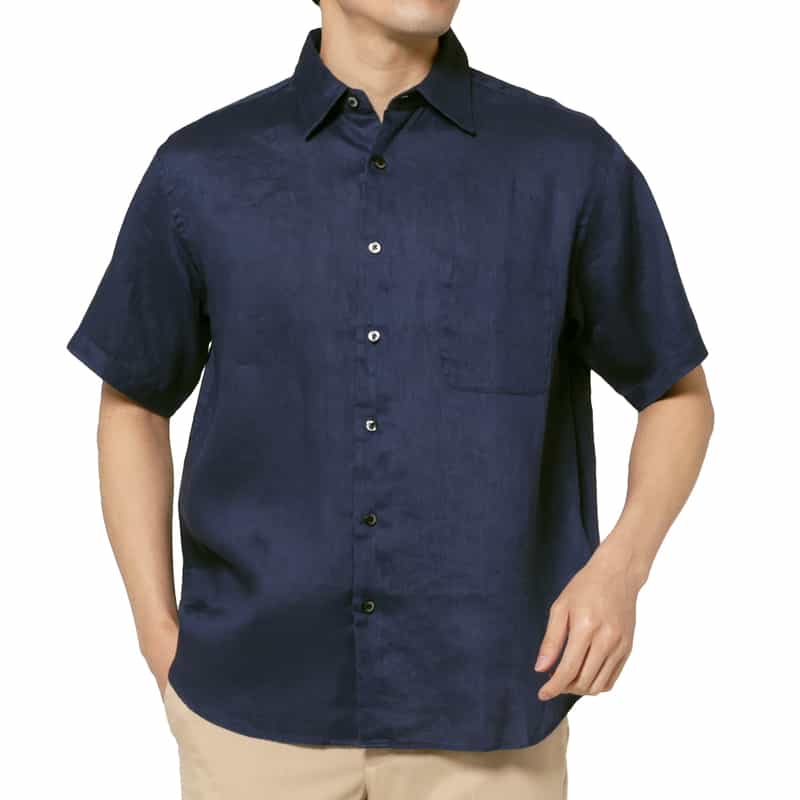 BARNEYS NEW YORK ショートスリーブリネンシャツ NAVY