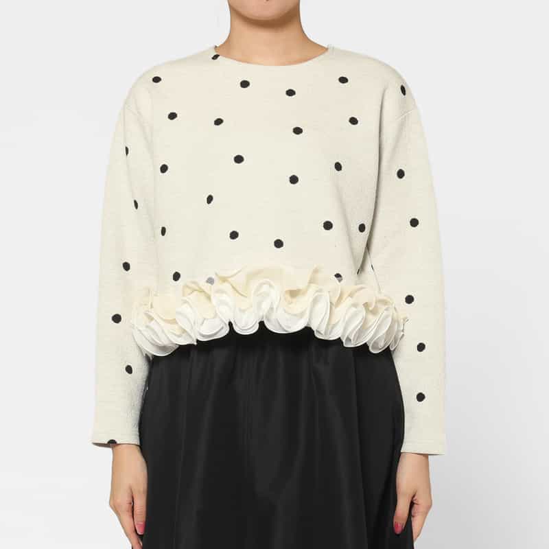 BARNEYS NEW YORK ウォッシャブル ドット柄フリルヘムプルオーバー OFF WHITE