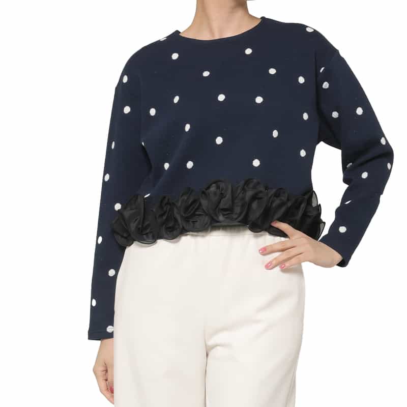 BARNEYS NEW YORK ウォッシャブル ドット柄フリルヘムプルオーバー NAVY