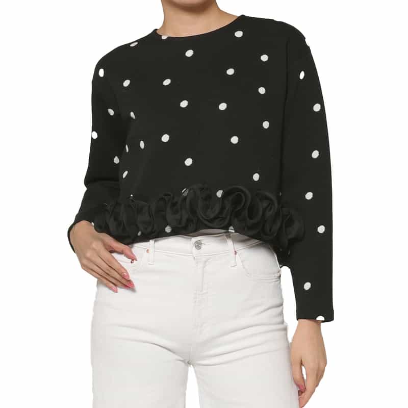 ウォッシャブル ドット柄フリルヘムプルオーバー