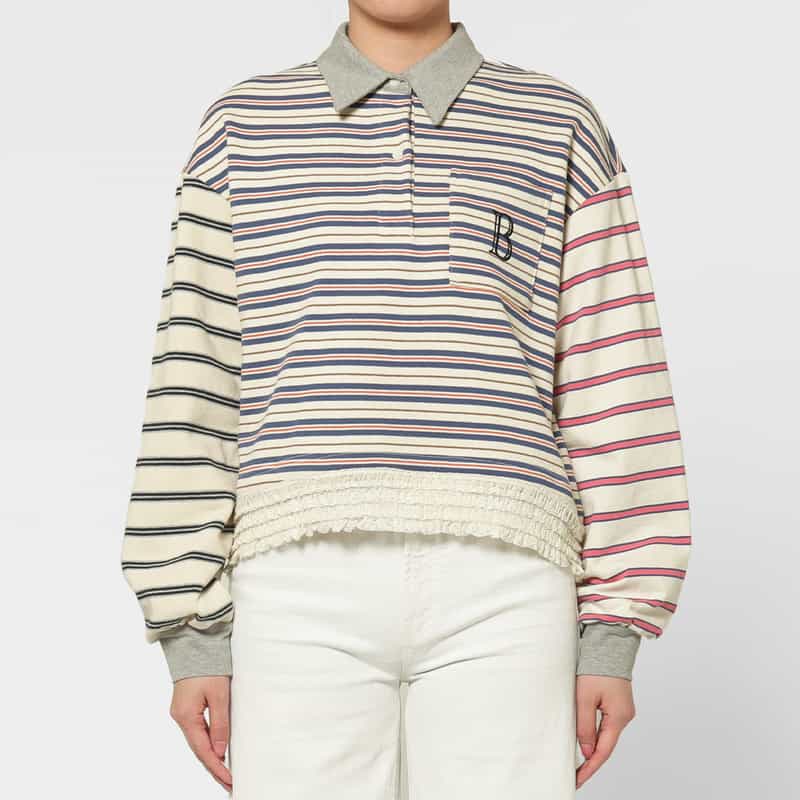 BARNEYS NEW YORK ウォッシャブル マルチボーダー柄ポロシャツ BLUE