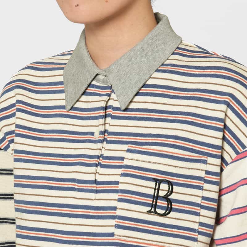 BARNEYS NEW YORK ウォッシャブル マルチボーダー柄ポロシャツ BLUE