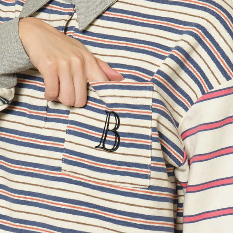 BARNEYS NEW YORK ウォッシャブル マルチボーダー柄ポロシャツ BLUE