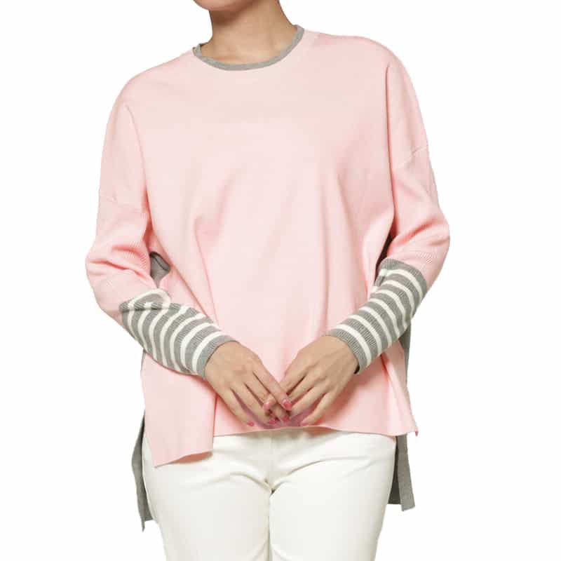 ウォッシャブル バイカラー ボーダースリーブニットプルオーバー