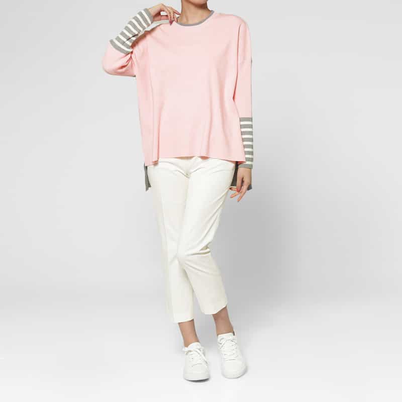 BARNEYS NEW YORK ウォッシャブル バイカラー ボーダースリーブニットプルオーバー PINK