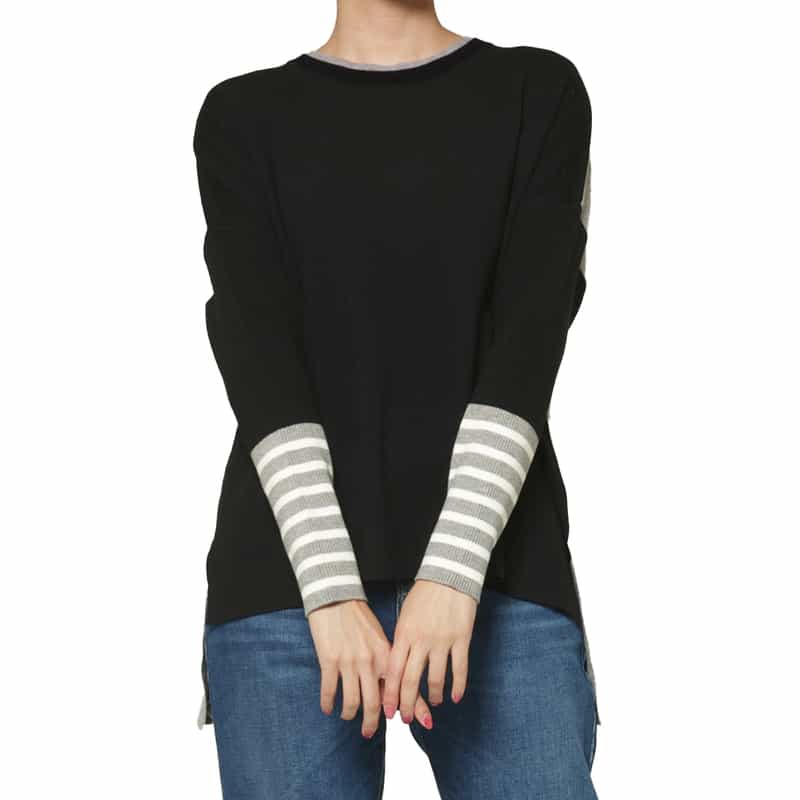 ウォッシャブル バイカラー ボーダースリーブニットプルオーバー