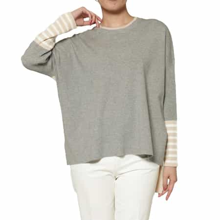 ウォッシャブル バイカラー ボーダースリーブニットプルオーバー