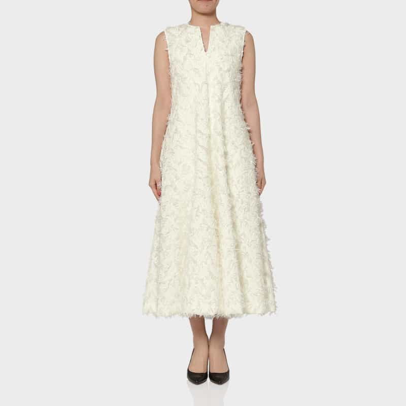 BARNEYS NEW YORK ジャカード素材 ロングフレアドレス （インナードレス付き） WHITE