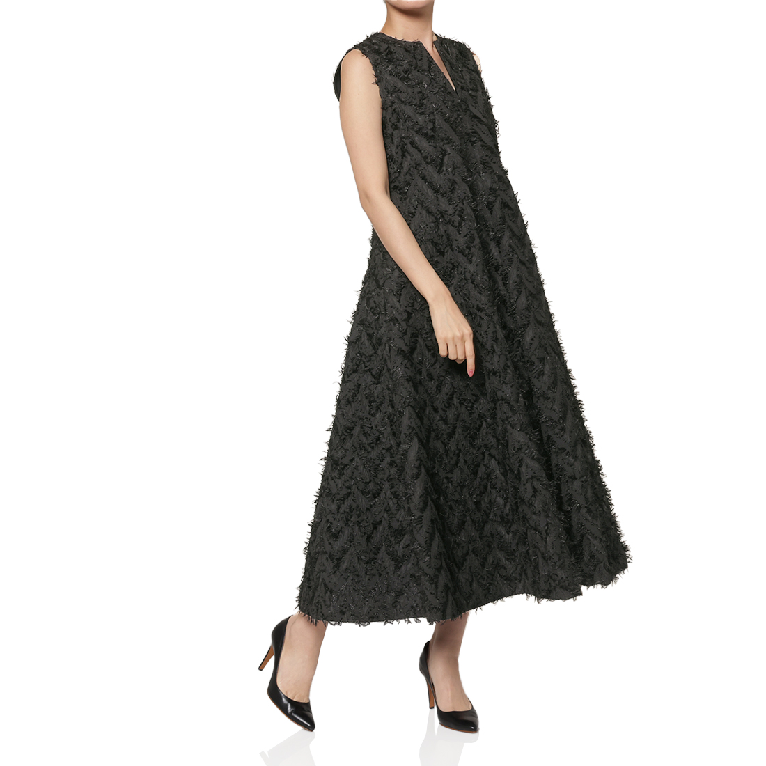 ジャカード素材 ロングフレアドレス （インナードレス付き）