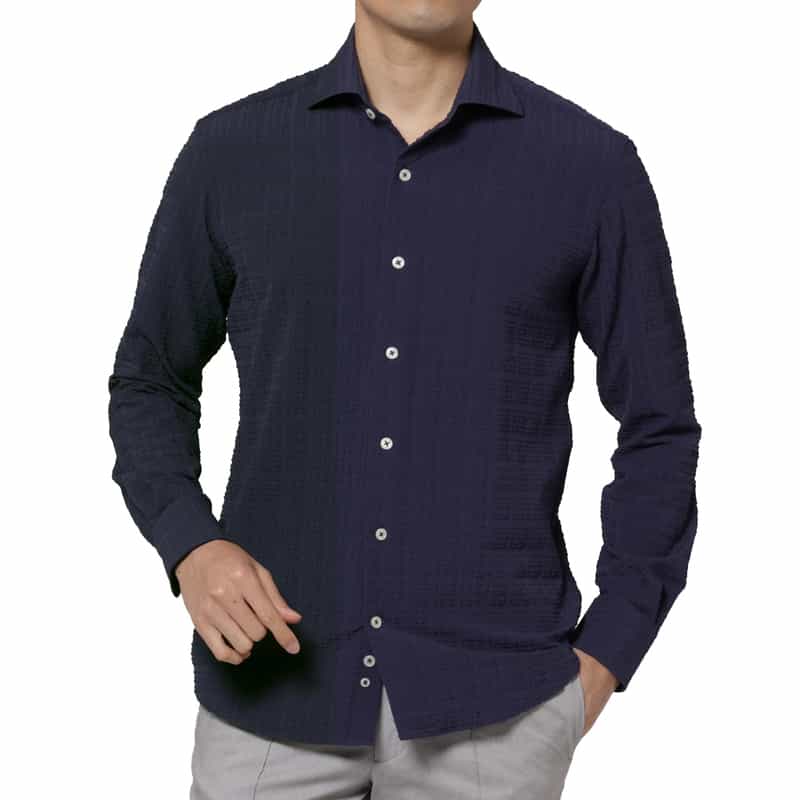 BARNEYS NEW YORK ブロックサッカー地カジュアルシャツ NAVY