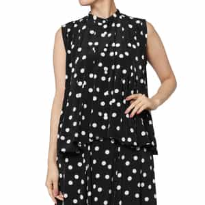 ウォッシャブル ドット柄 ノースリーブ アシンメトリーフレアヘムブラウス