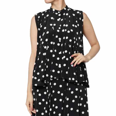 ウォッシャブル ドット柄 ノースリーブ アシンメトリーフレアヘムブラウス