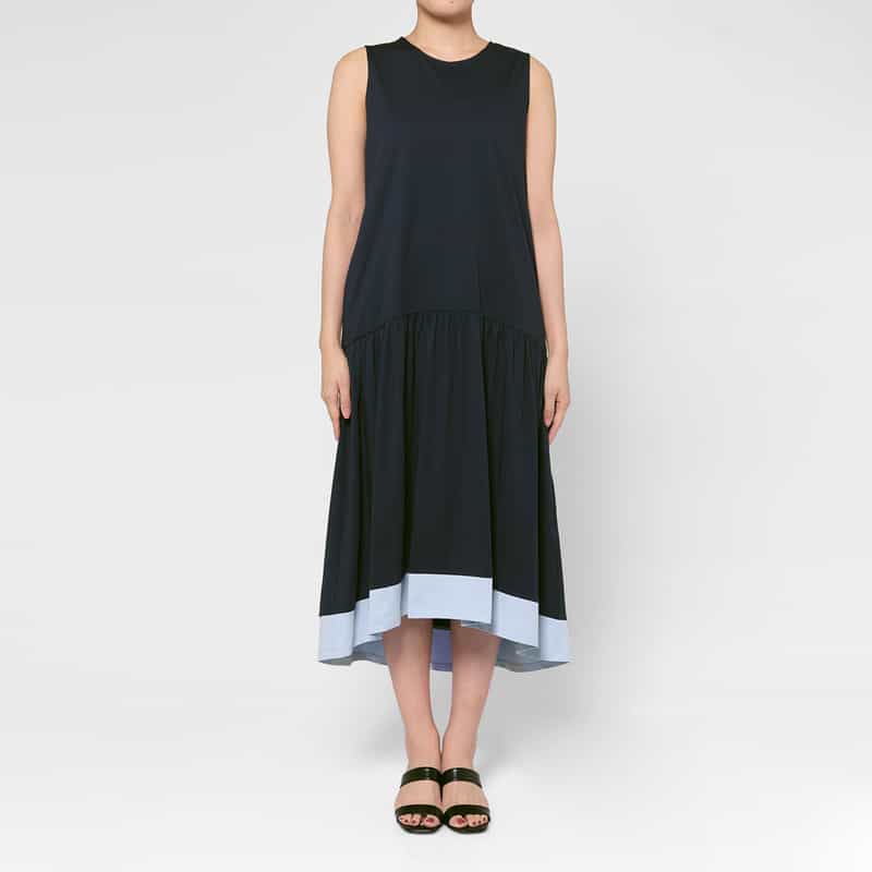 BARNEYS NEW YORK ウォッシャブル  カラートリムデザイン ノースリーブロングドレス NAVY