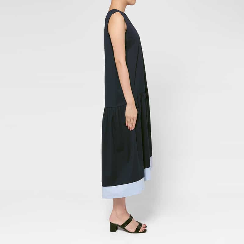 BARNEYS NEW YORK ウォッシャブル  カラートリムデザイン ノースリーブロングドレス NAVY