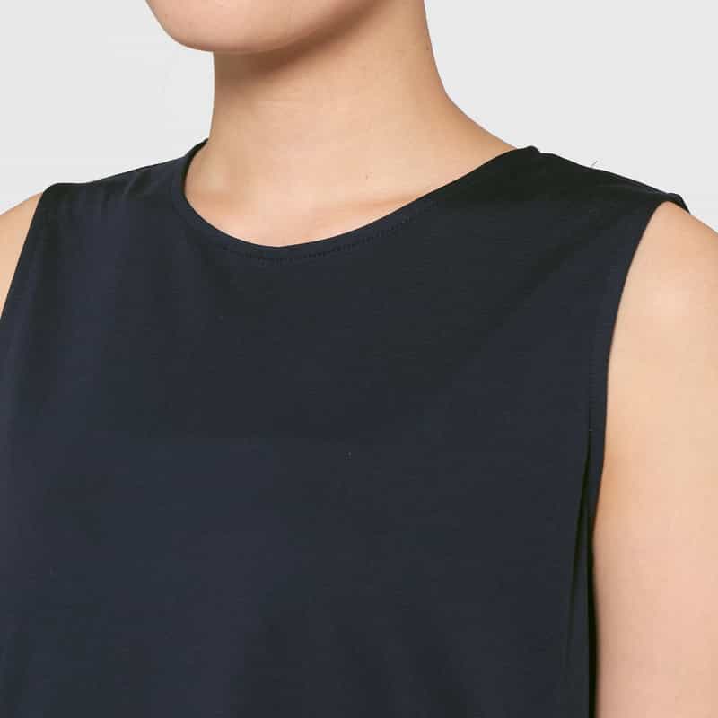 BARNEYS NEW YORK ウォッシャブル  カラートリムデザイン ノースリーブロングドレス NAVY