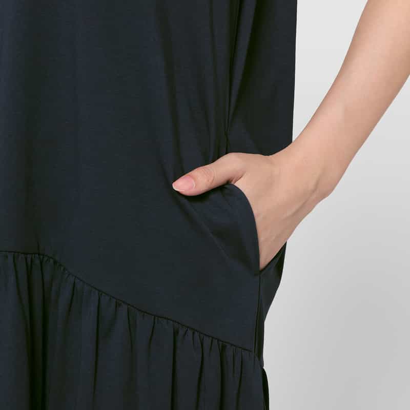 BARNEYS NEW YORK ウォッシャブル  カラートリムデザイン ノースリーブロングドレス NAVY