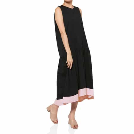 ウォッシャブル  カラートリムデザイン ノースリーブロングドレス