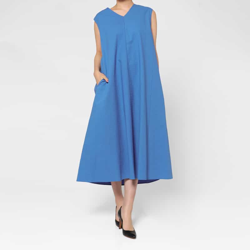 BARNEYS NEW YORK ウォッシャブル 前後2WAY シアサッカードレス BLUE