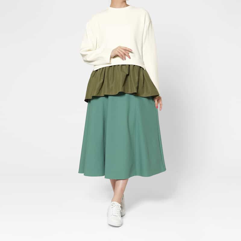 BARNEYS NEW YORK ウォッシャブル 異素材コンビネーション フレアヘムプルオーバー WHITE