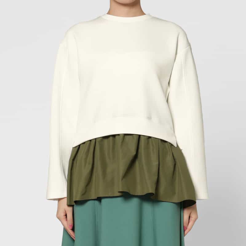 BARNEYS NEW YORK ウォッシャブル 異素材コンビネーション フレアヘムプルオーバー WHITE