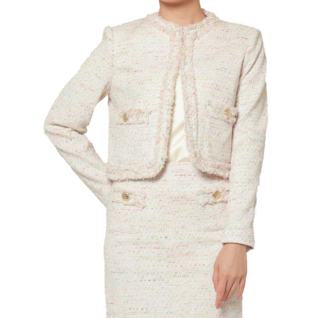 セットアップ ツイード素材 ノーカラーボレロジャケット