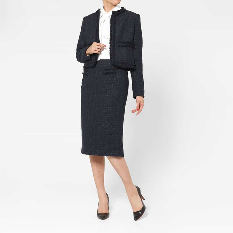 BARNEYS NEW YORK セットアップ ツイード素材 ノーカラーボレロジャケット NAVY