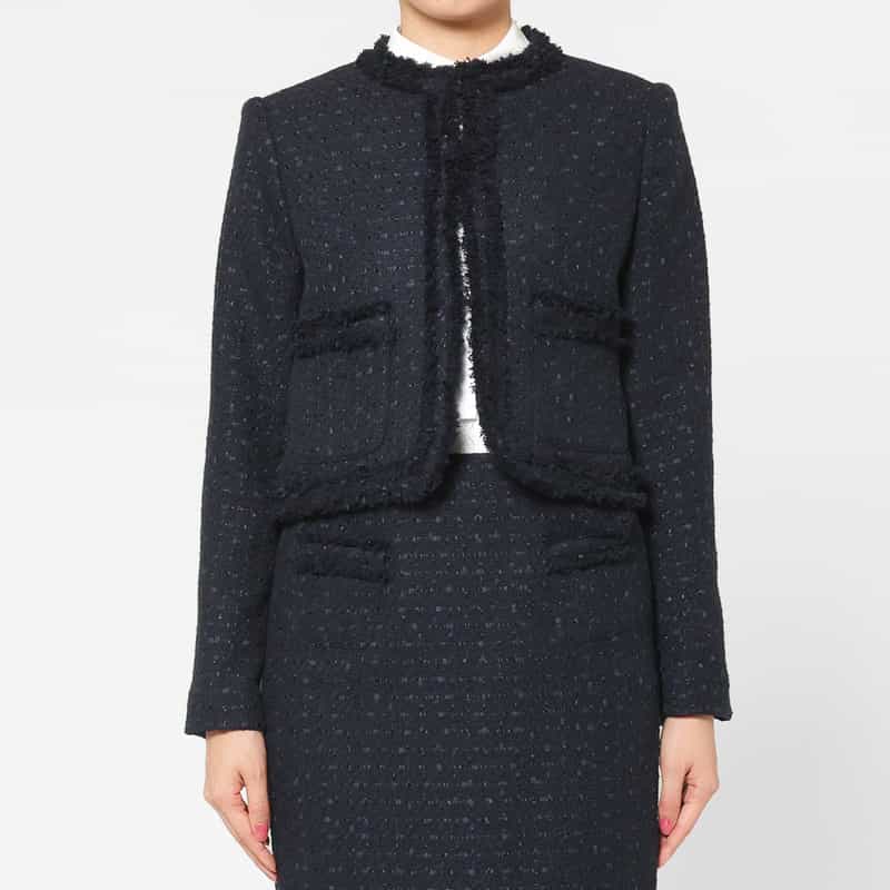 BARNEYS NEW YORK セットアップ ツイード素材 ノーカラーボレロジャケット NAVY