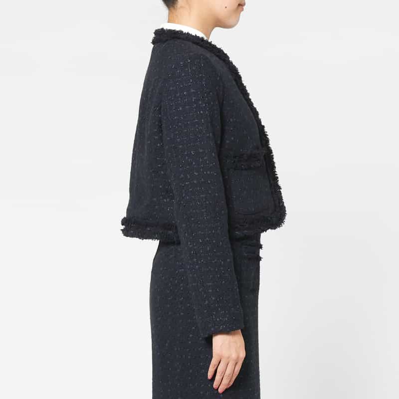 BARNEYS NEW YORK セットアップ ツイード素材 ノーカラーボレロジャケット NAVY