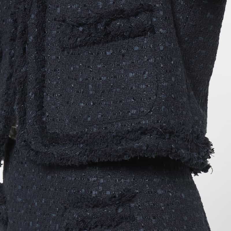 BARNEYS NEW YORK セットアップ ツイード素材 ノーカラーボレロジャケット NAVY