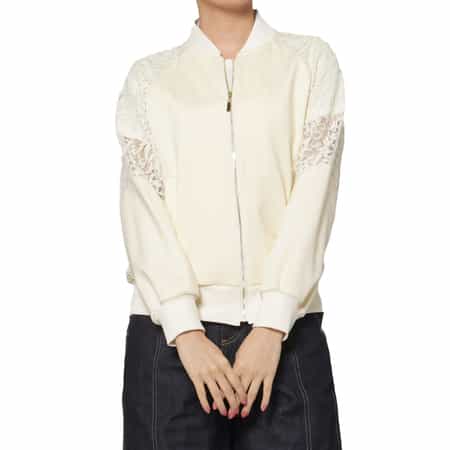 レース×スクーバ素材 コンビネーションジップアップブルゾン