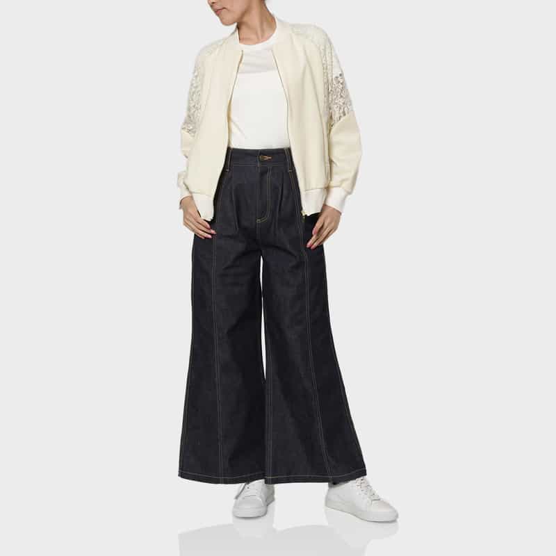 BARNEYS NEW YORK レース×スクーバ素材 コンビネーションジップアップブルゾン WHITE