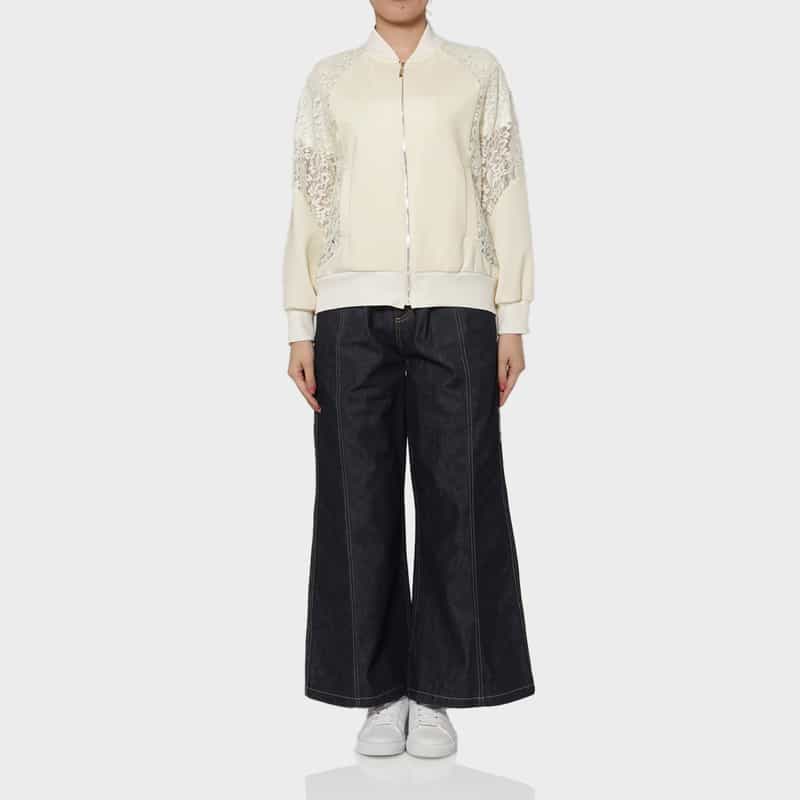 BARNEYS NEW YORK レース×スクーバ素材 コンビネーションジップアップブルゾン WHITE