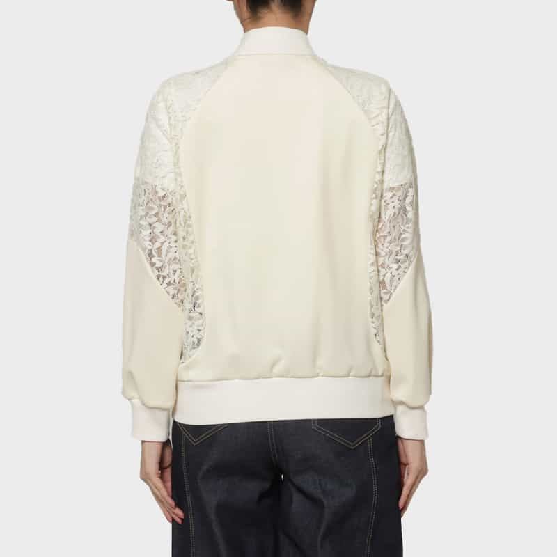 BARNEYS NEW YORK レース×スクーバ素材 コンビネーションジップアップブルゾン WHITE