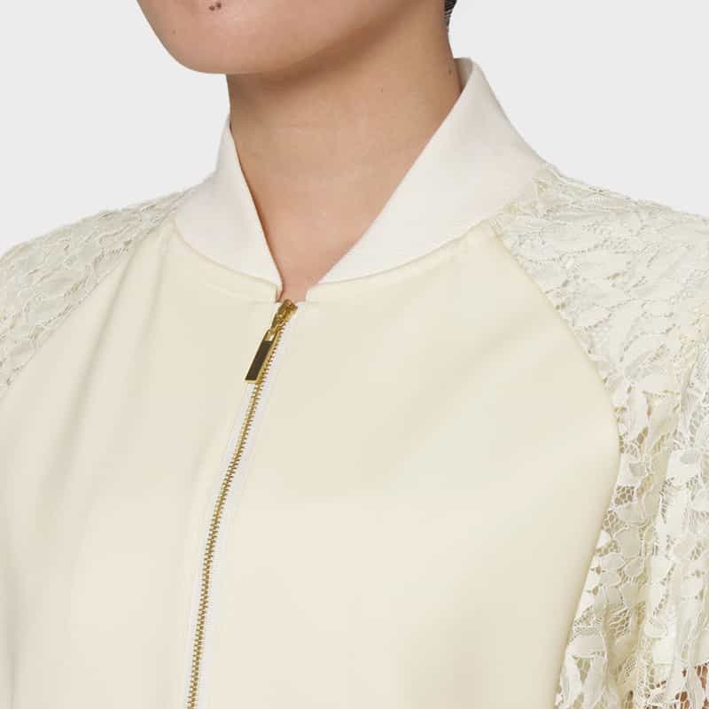 BARNEYS NEW YORK レース×スクーバ素材 コンビネーションジップアップブルゾン WHITE