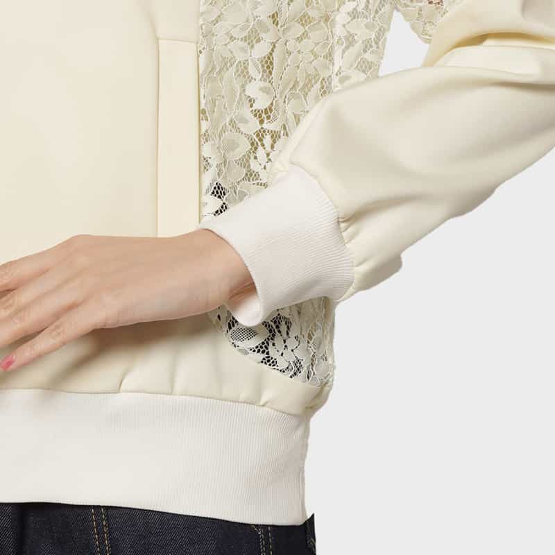 BARNEYS NEW YORK レース×スクーバ素材 コンビネーションジップアップブルゾン WHITE