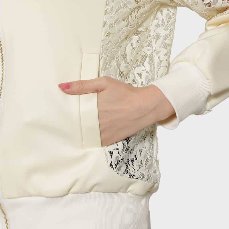 BARNEYS NEW YORK レース×スクーバ素材 コンビネーションジップアップブルゾン WHITE