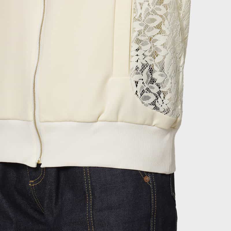 BARNEYS NEW YORK レース×スクーバ素材 コンビネーションジップアップブルゾン WHITE