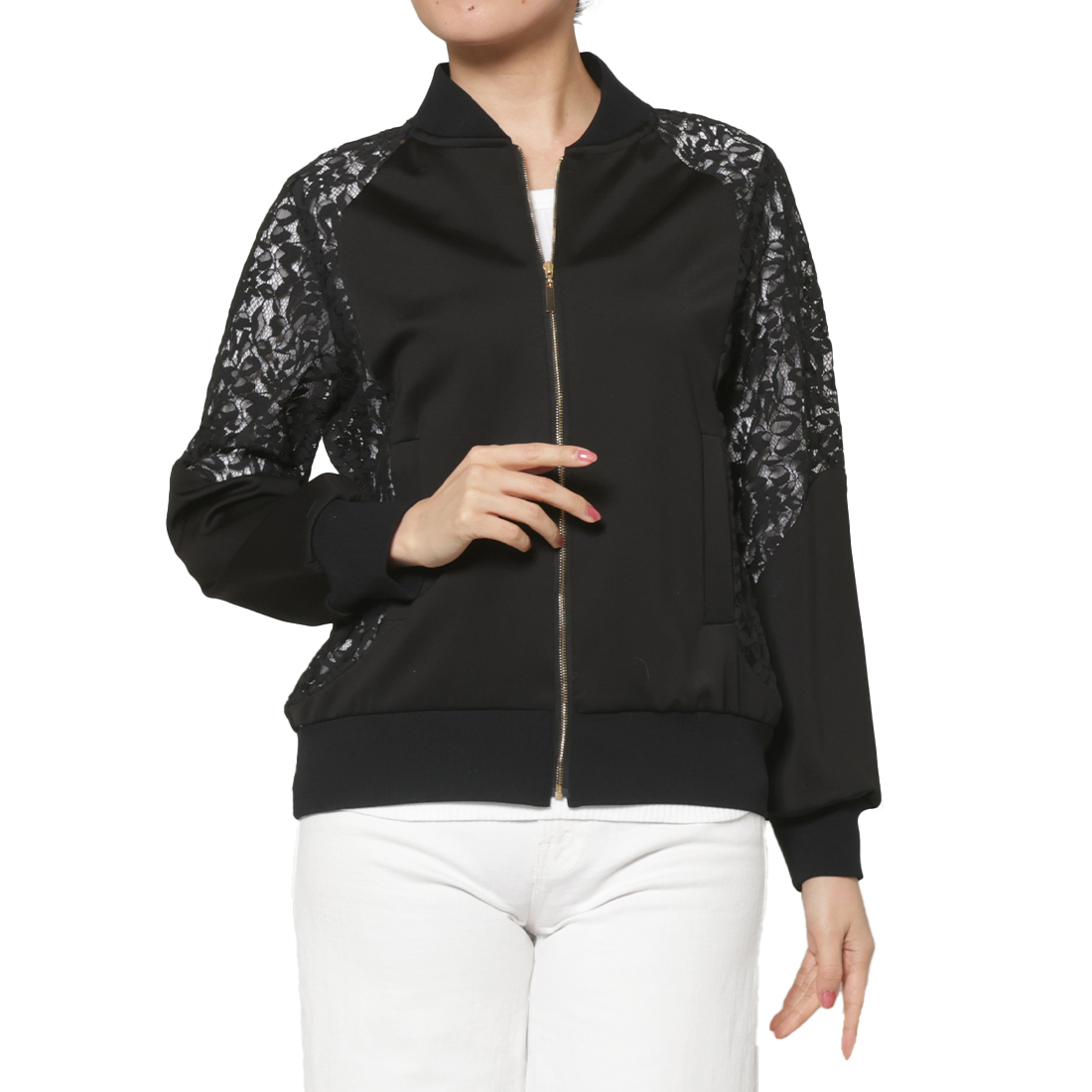 レース×スクーバ素材 コンビネーションジップアップブルゾン