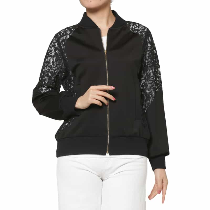 レース×スクーバ素材 コンビネーションジップアップブルゾン