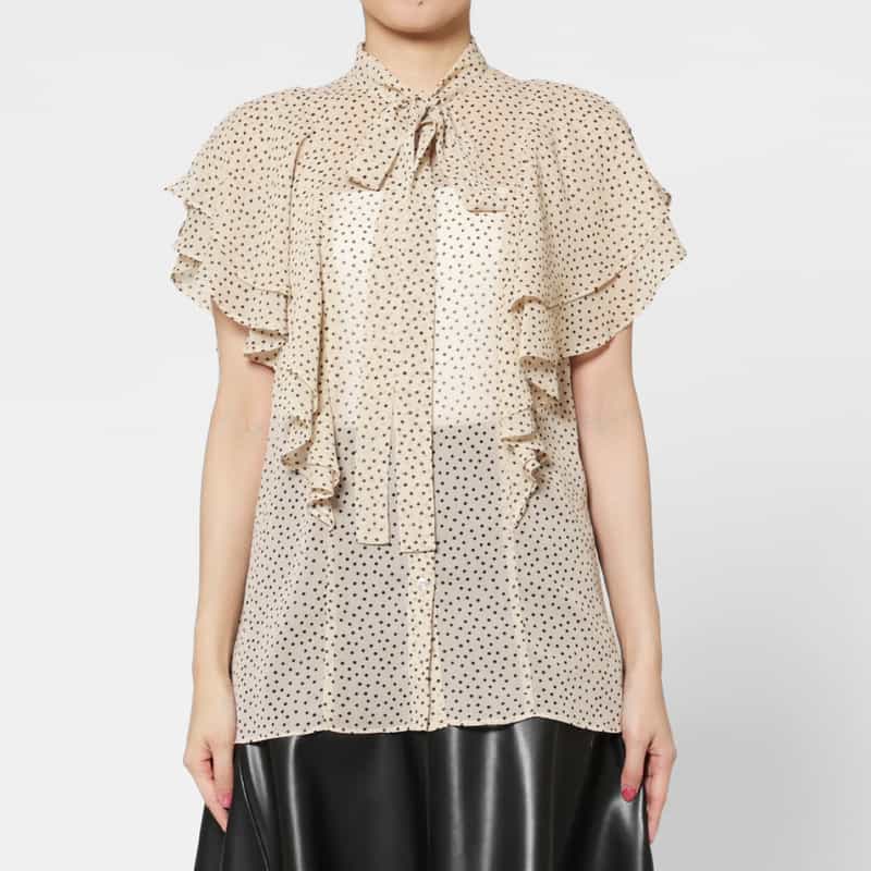 BARNEYS NEW YORK ウォッシャブル ドットプリント シアー素材ボウタイブラウス BEIGE